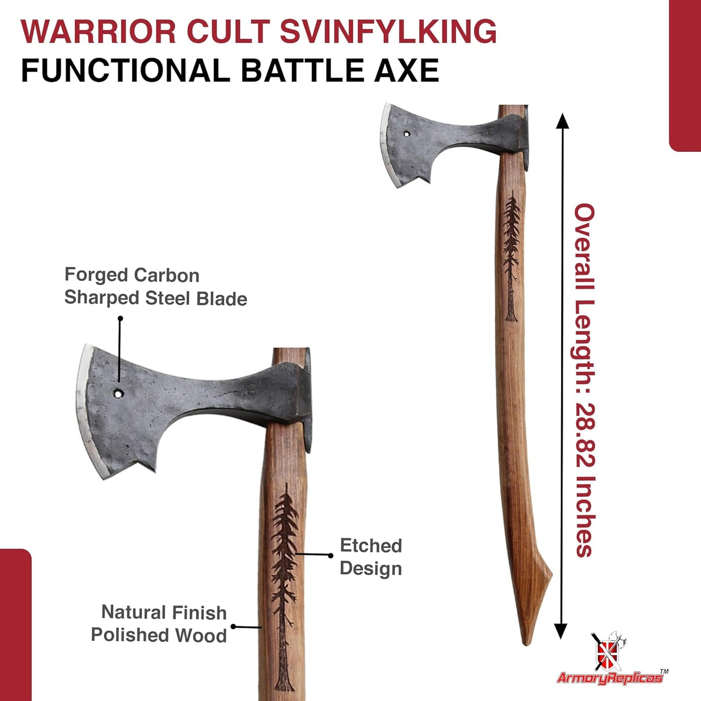 Armory Replicas™ Functional Two-Handed Scandinavian Battle Axe - Tempered High Carbon Steel Boar Formation Medieval Viking War Axe