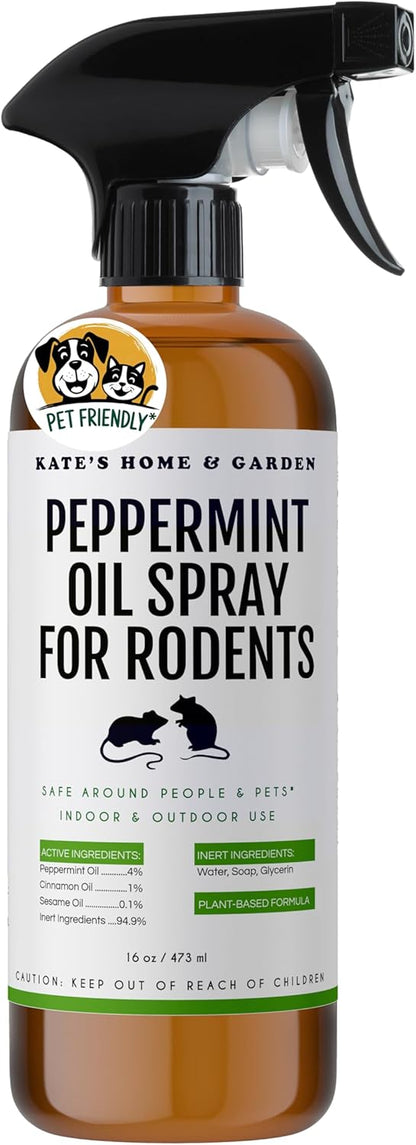 Kate Naturals Peppermint Oil Spray for Rodents, Squirrels, Mouse, Bat, Rat, Car Engines (16oz, Non-Toxic Rodent Repellent, Pet Safe)