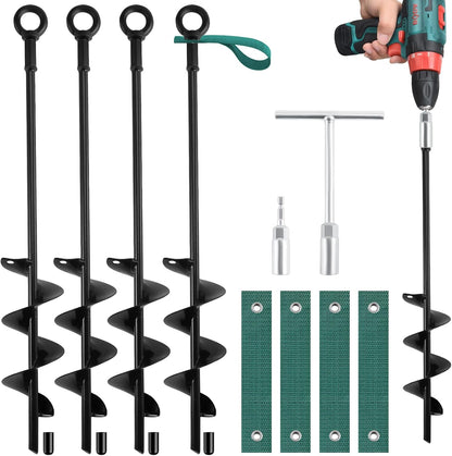 18-Inch Ground Anchors Screw in Heavy Duty, 4 Pack Shed Anchor Kit with Wrenches and Straps, High Wind Trampoline Anchors & Stakes for Swing Sets, Camping Tent, Carport, Plants, Mobile Home