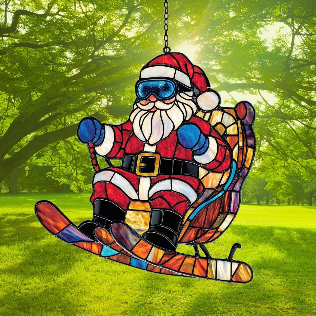 Funny Santa Claus Skiing Acrylic Suncatcher Stained Glass Effect Window Car Hanging Christmas Ornament Indoor Outdoor Decor Garden Sun Catcher Panel for Christmas Lover for Women Mom Grandma