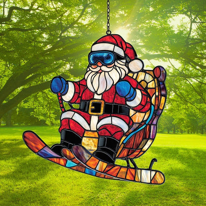 Funny Santa Claus Skiing Acrylic Suncatcher Stained Glass Effect Window Car Hanging Christmas Ornament Indoor Outdoor Decor Garden Sun Catcher Panel for Christmas Lover for Women Mom Grandma