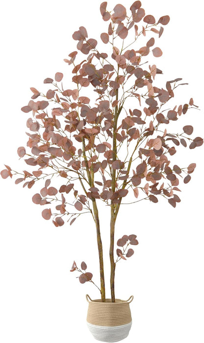 Artificial Eucalyptus Tree, 6ft Fake Eucalyptus Plant with Basket, Red Silver Dollars Silk Leaves Faux Tree for Home Office Perfect Housewares Gift Decoration