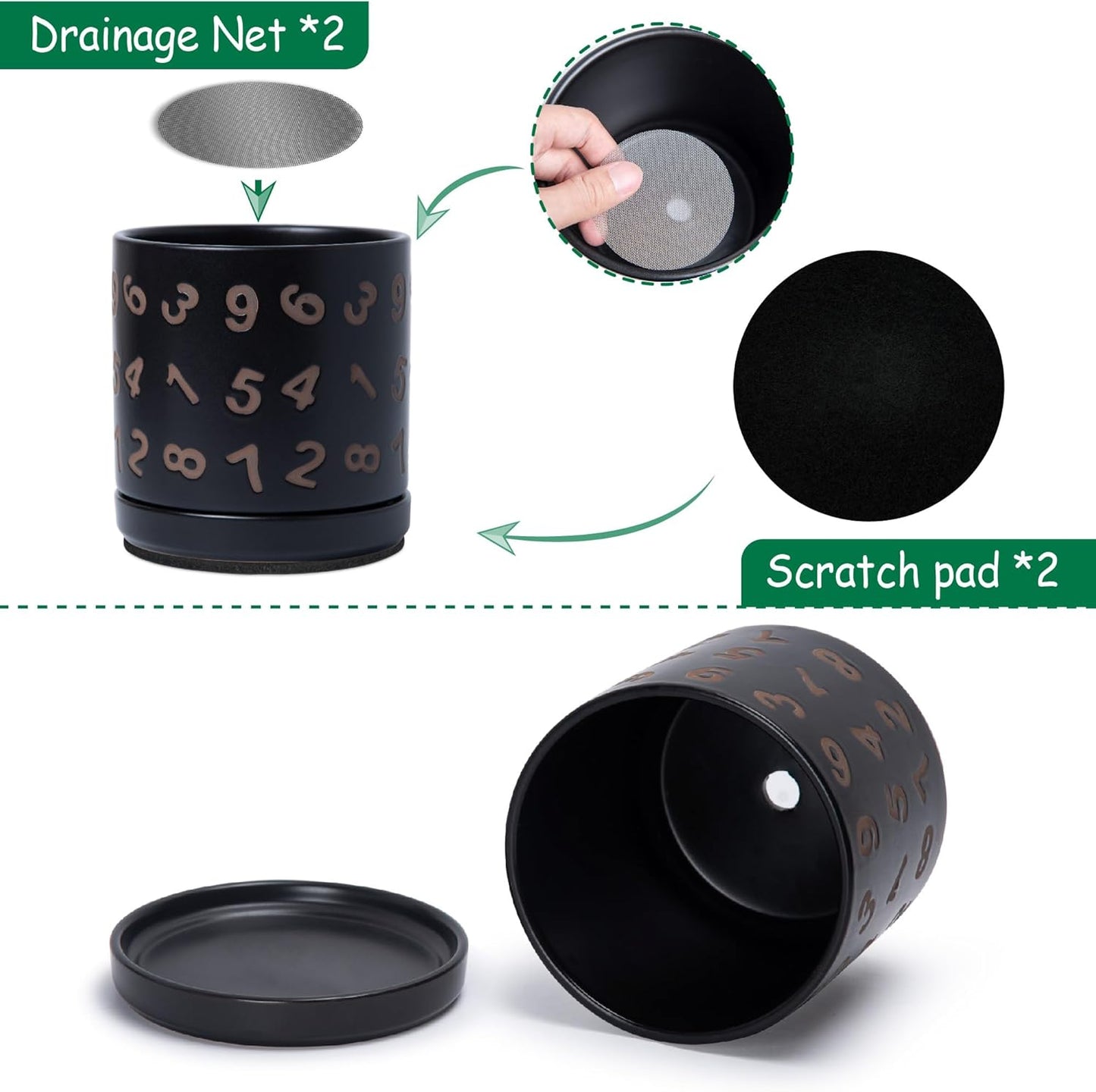 D'vine Dev Set of 2 Ceramic Planter Pots with Drainage Hole and Saucer, 6 Inch Plant Pots for Plants Indoor Houseplants, Black, 99-Z-B-2-Y