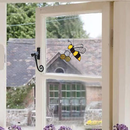Bee On Honeycomb Stained Glass Window Hangings, Bee Suncatcher Garden Bee Decor Bee Gift for Mom Women
