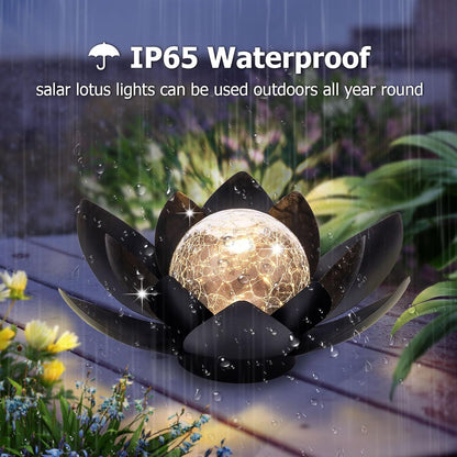 Huaxu Solar Lights Outdoor Garden Decor Metal Black Lotus Decoration, Crackle Globe Glass Waterproof LED Outside Table Lamp for Patio,Lawn, Yard,Walkway,Tabletop,Ground Gifts for Mom