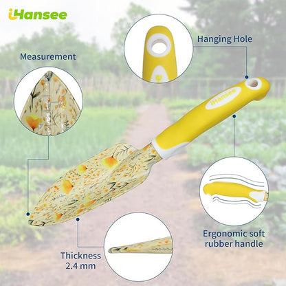 Yellow Garden Tools for Women, iHansee 10-Piece Garden Tools Set with Handbag, Gardening Hand Tool w/Non-Slip Ergonomic Handle, Floral Print Garden Supplies, Cute Gardening Gift for Mom Grandma