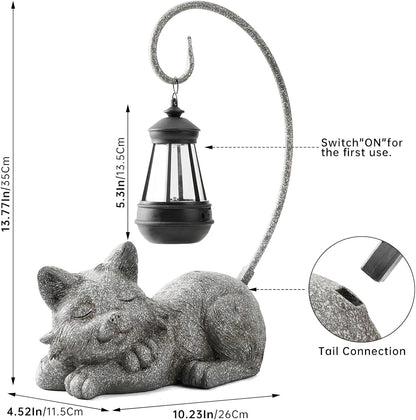 Outdoor Cat Figurine Garden Statue with Solar-Powered LED Light 13.77 Inches Tall Gift Garden Statue Decor for Cat Lovers Marbled