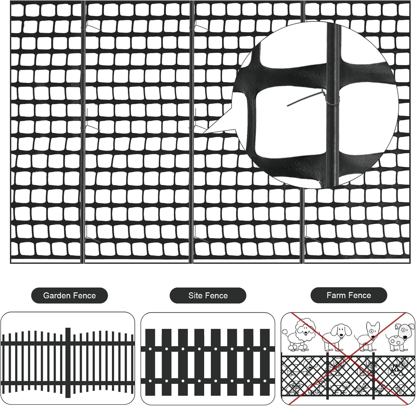 Plastic Garden Fencing Roll Safety Construction Barrier Outdoor Snow Mesh Fence Garden Netting, 1.2 Inch Mesh, Coated Iron Wire Support Stakes, Cable Ties for Garden (Black, 3.3 x 100 Feet)
