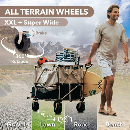 400L Collapsible Folding Double Decker Beach Wagon |Heavy Duty Utility Cart Extender|Supports 450lbs|All-Terrain Big Wheels with Breaks for Sports Camping (Grey/Grey)