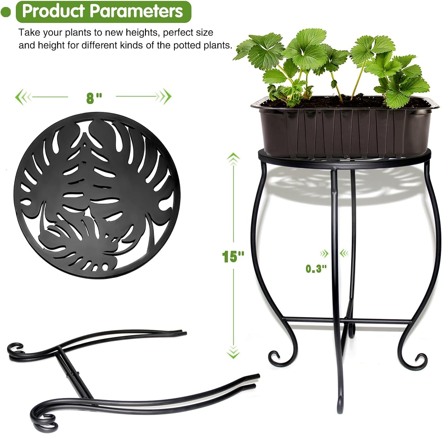 15" Tall Metal Plant Stand, 8" Wide Round Plant Stand for Flower Pot Rustproof Iron Plant Holder for Indoor Outdoor Use, Easy Assemble Flower Stand for Home Garden Display Greenery (Round 2pcs)