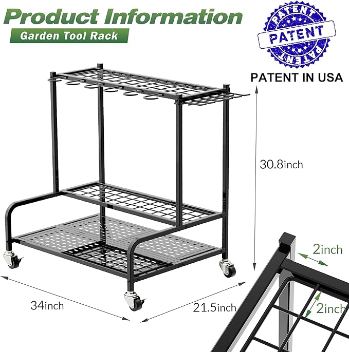Garden Tool Organizer with Wheels, Yard Tool Rack for Garage Organization and Storage, Heavy Duty Steel Tool Holder with Hooks, Garden Tool Stand for Shed, Basement, Outdoor, Black
