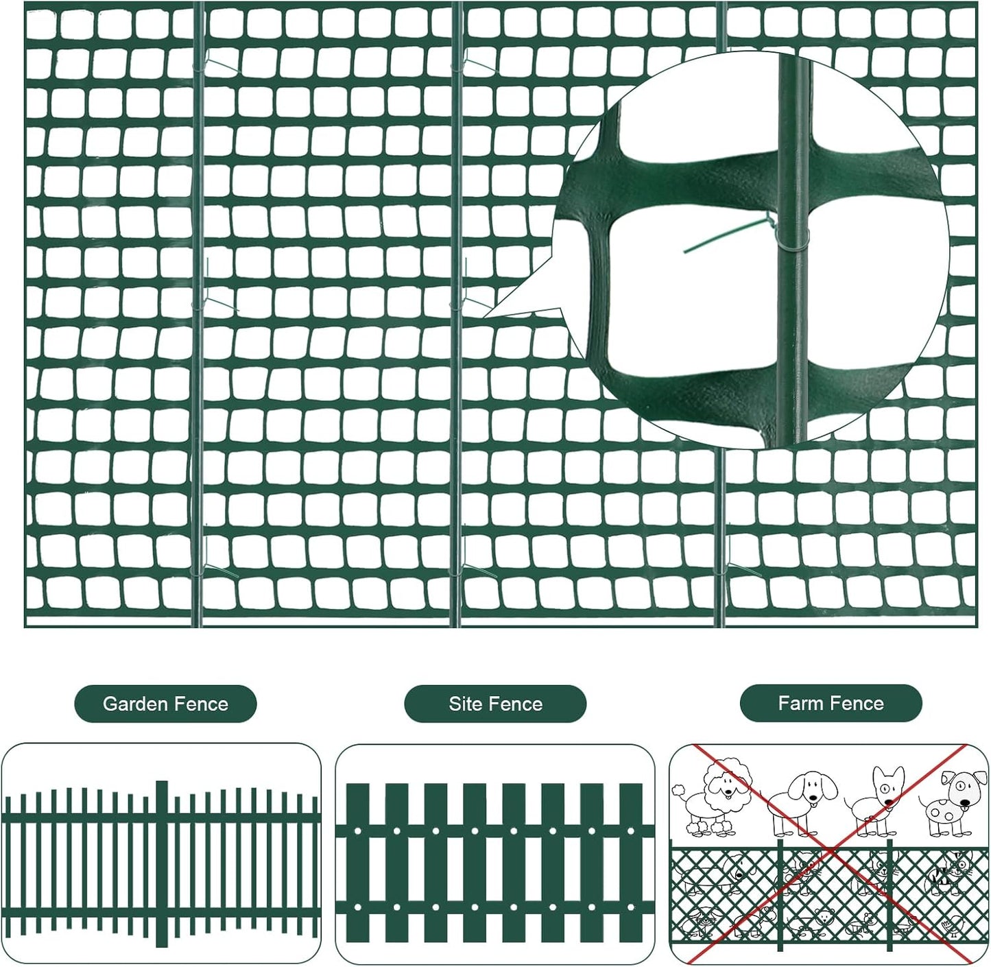 Plastic Garden Fencing Roll Safety Construction Barrier Outdoor Snow Mesh Fence Garden Netting, 1.2 Inch Mesh, Coated Iron Wire Support Stakes, Cable Ties for Garden (Green,2 x 100 Feet)