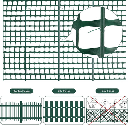 Plastic Garden Fencing Roll Safety Construction Barrier Outdoor Snow Mesh Fence Garden Netting, 1.2 Inch Mesh, Coated Iron Wire Support Stakes, Cable Ties for Garden (Green,2 x 100 Feet)