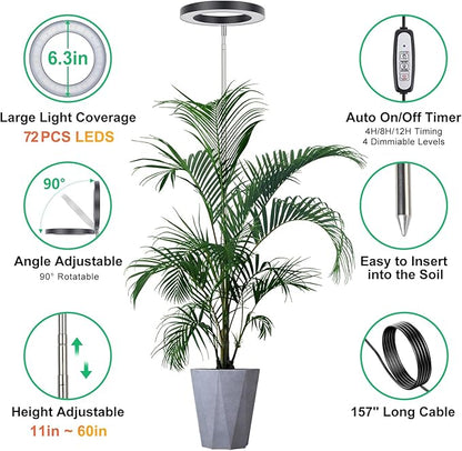 LORDEM Black Full Spectrum LED Grow Light, 72 LEDs, 4 Brightness Settings, Auto On/Off Timer, Height Adjustable, Ideal for Large Plants