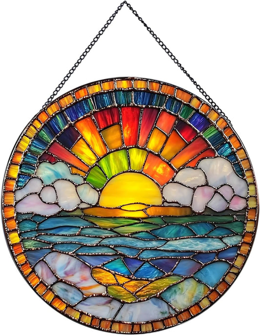 20cm/7.87inch Hanging Stained Glass for Windows,Sunrise Stained Glass Suncatcher Garden Hangings