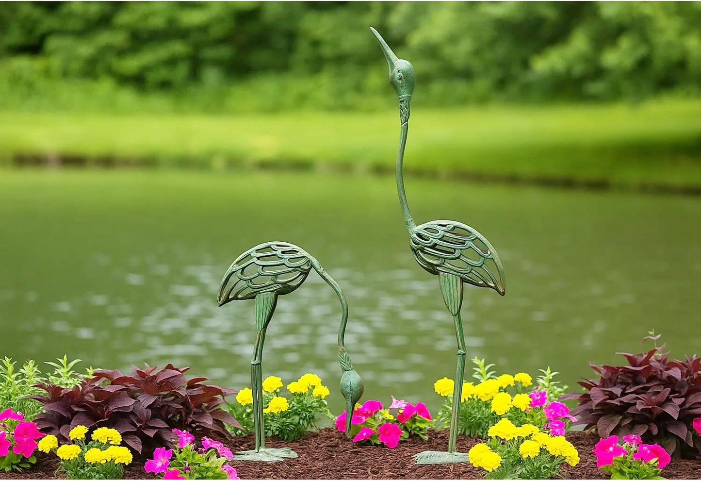 Seraphic Cast Iron Metal Crane/Heron Bird Garden Art Sculptures Statues for Indoor or Outdoor Lawn Decor, Antique Green, Set of 2