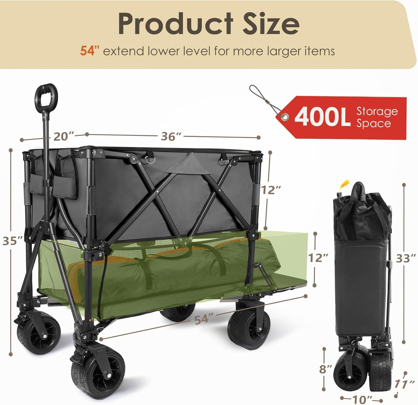 HOPERAN 400L XL Wagons Carts Foldable, 54" Extra Length Double Decker Collapsible Wagon Cart with Tailgate, 8" Big All-Terrain Wheels, 550lbs Load Utility Grocery Cart for Camping,Sports,Beach