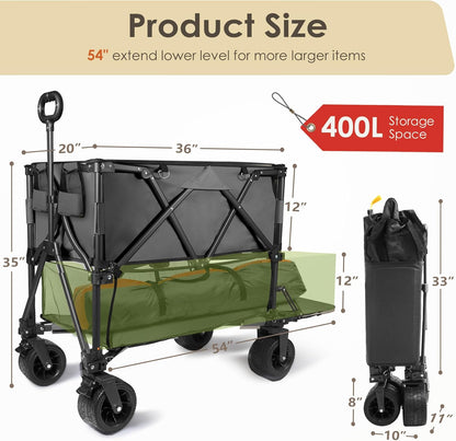 HOPERAN 400L XL Wagons Carts Foldable, 54" Extra Length Double Decker Collapsible Wagon Cart with Tailgate, 8" Big All-Terrain Wheels, 550lbs Load Utility Grocery Cart for Camping,Sports,Beach