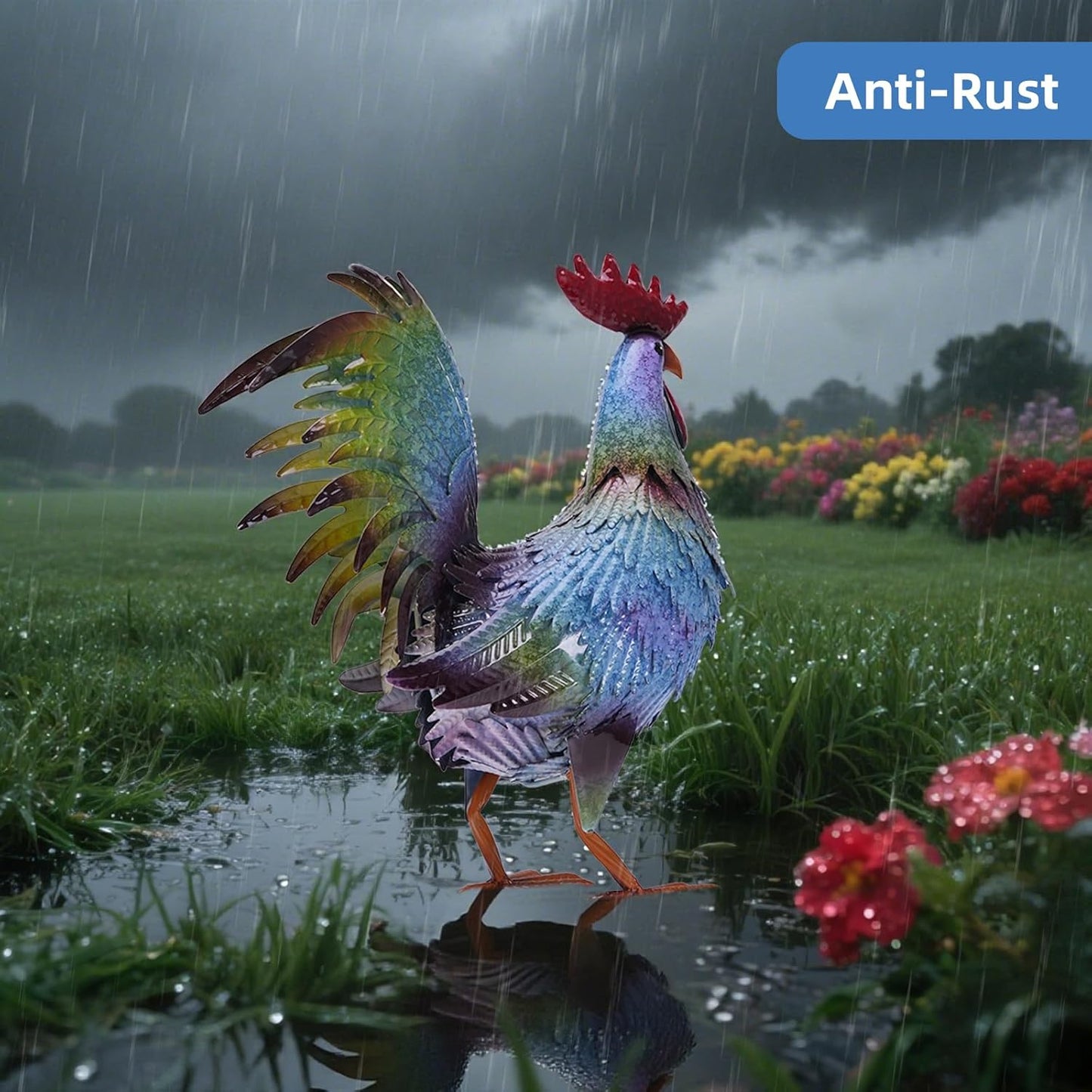 Metal Chicken Garden Sculptures & Statues,Vivid Lawn Ornaments for Garden Decorations Outdoor, Blue Rooster Gift for Housewarming,Home Decoration for Christmas Holiday
