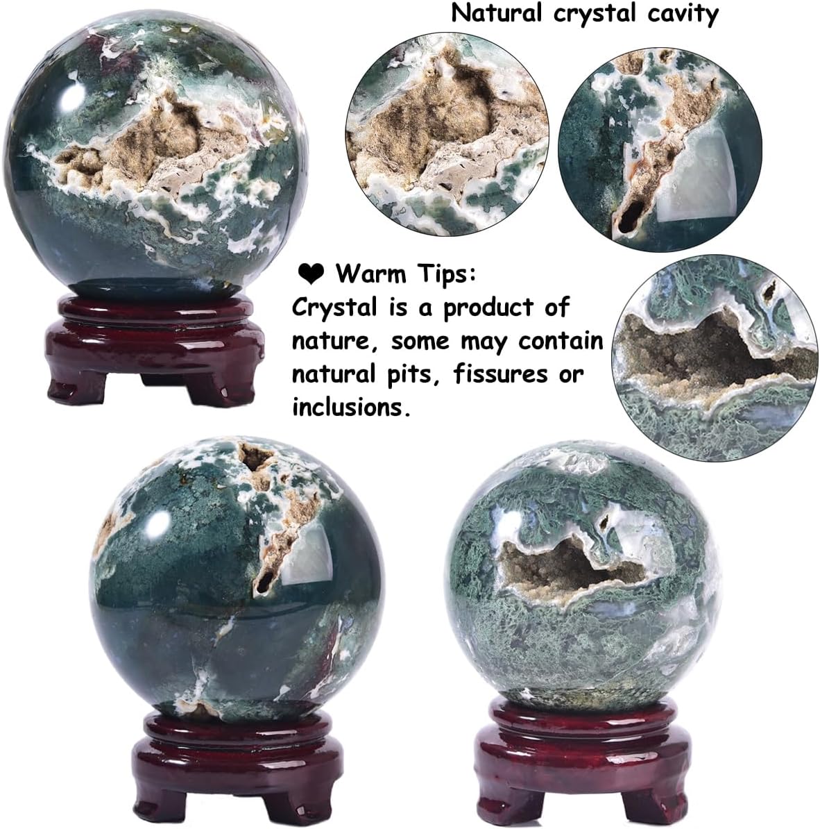 Large Moss Agate Crystal Sphere Natural Healing Crystal Ball with Stand Meditation Decorative Balls Home Decor 100-110mm/3.9-4.3"