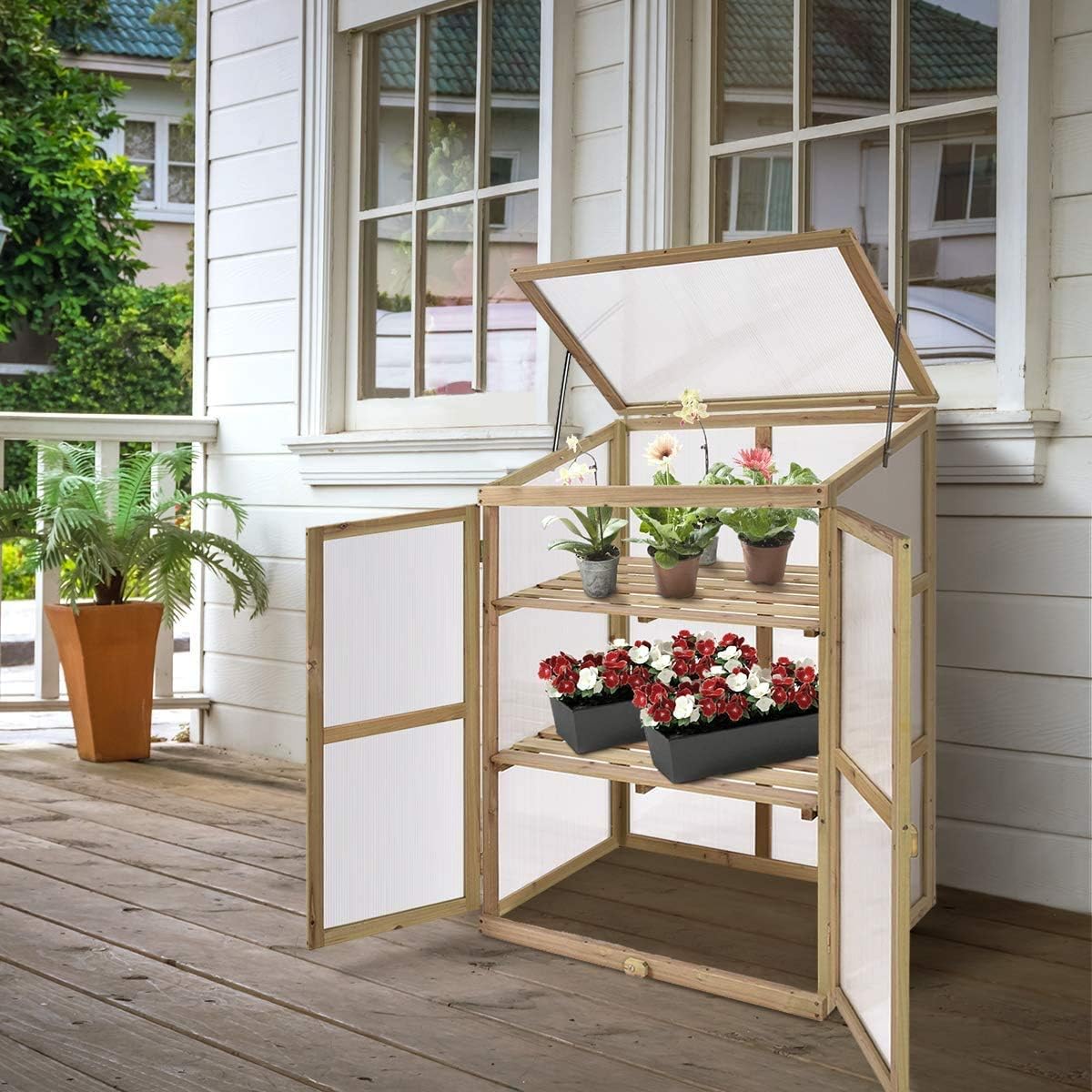 Moccha Greenhouse Wooden Cold Frame, Portable Garden Flower Planter with Removable Shelf and Hinges, Raised Cold Frame with Foldable Top and Side Doors for Outdoor, Porch, Backyard, Balcony