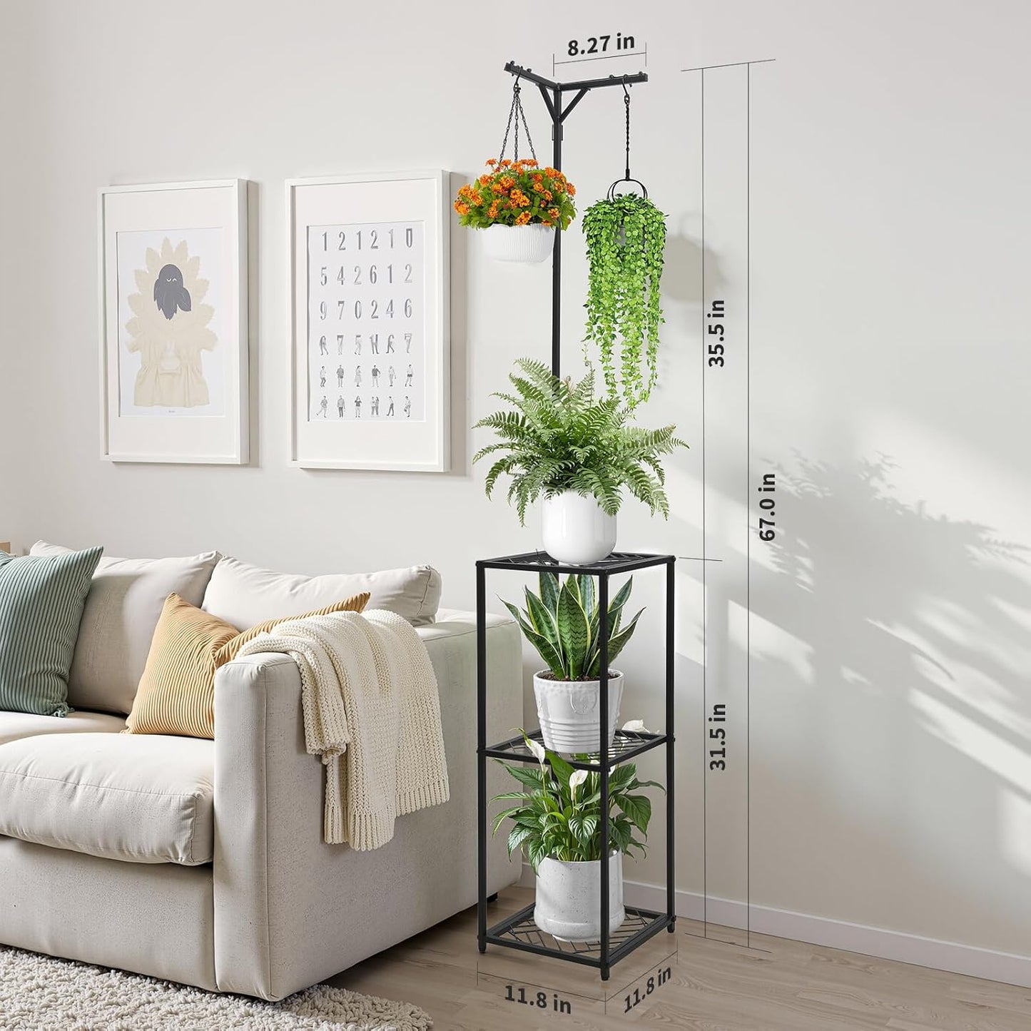 3-Tier Hanging Plant Stand Indoor Outdoor - 67" Tall Corner Shelf for 5 Potted Flowers,Square Planter Holder Metal Display Rack for Living Room, Balcony, Garden,Space-Saving Standing Plant Hanger