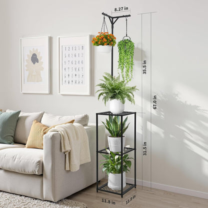 3-Tier Hanging Plant Stand Indoor Outdoor - 67" Tall Corner Shelf for 5 Potted Flowers,Square Planter Holder Metal Display Rack for Living Room, Balcony, Garden,Space-Saving Standing Plant Hanger