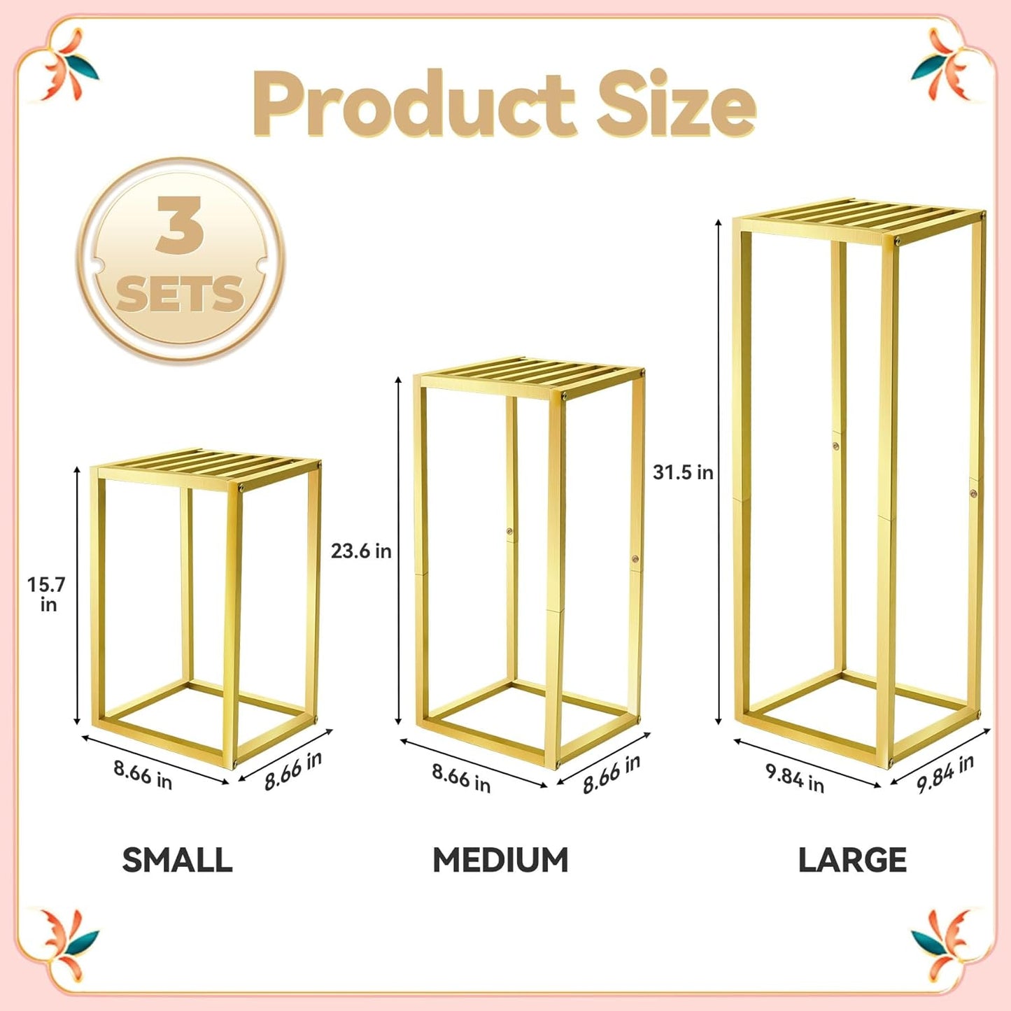 Cylinder Pedestal Stands for Party & Plant,3pcs Square Gold Metal Wedding Flower Display Stand for Centerpieces,15.7/23.6/31.5 inch Tall