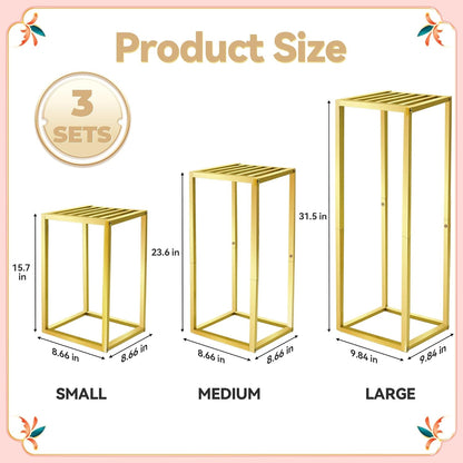 Cylinder Pedestal Stands for Party & Plant,3pcs Square Gold Metal Wedding Flower Display Stand for Centerpieces,15.7/23.6/31.5 inch Tall