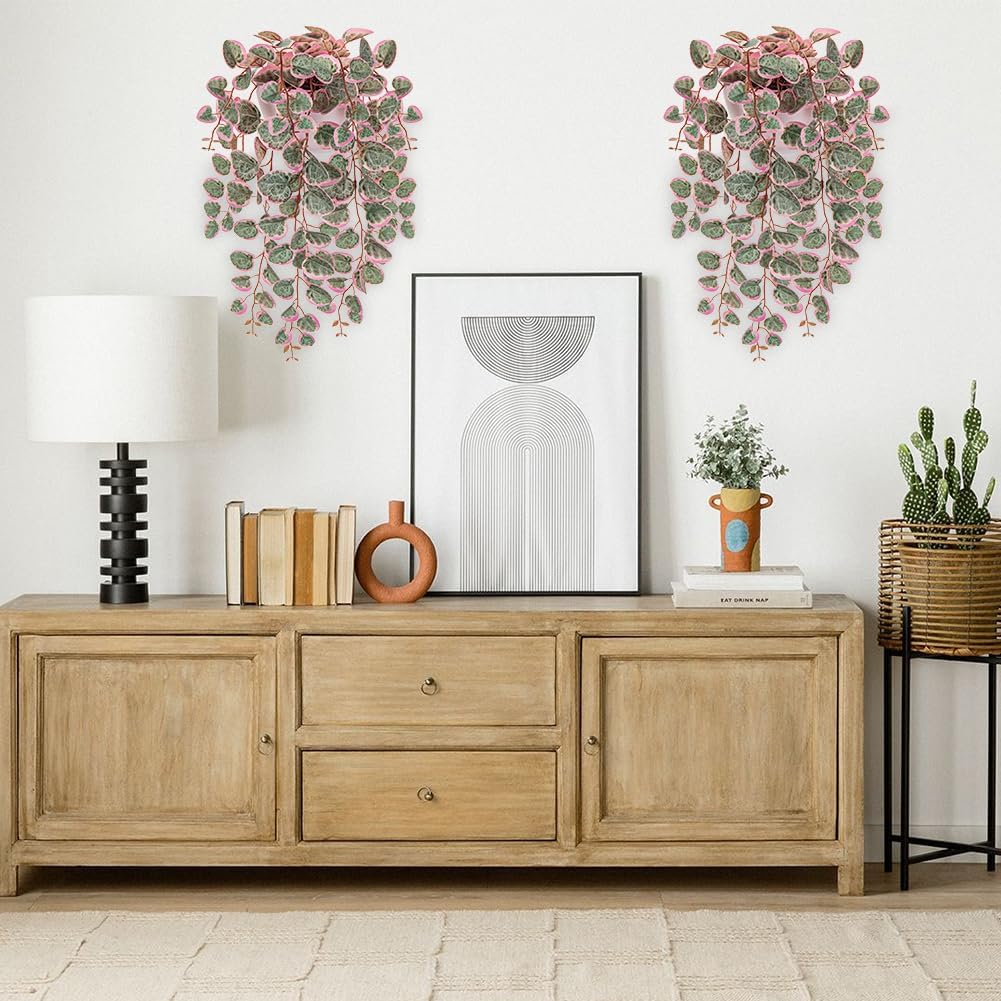 Briful Faux Hanging Plants 17'' Artificial String of Heart Vines with Semicircle Wall Mount Planter Fake Draping Plants for Home Office Room Shelf Wall Hanging Decor