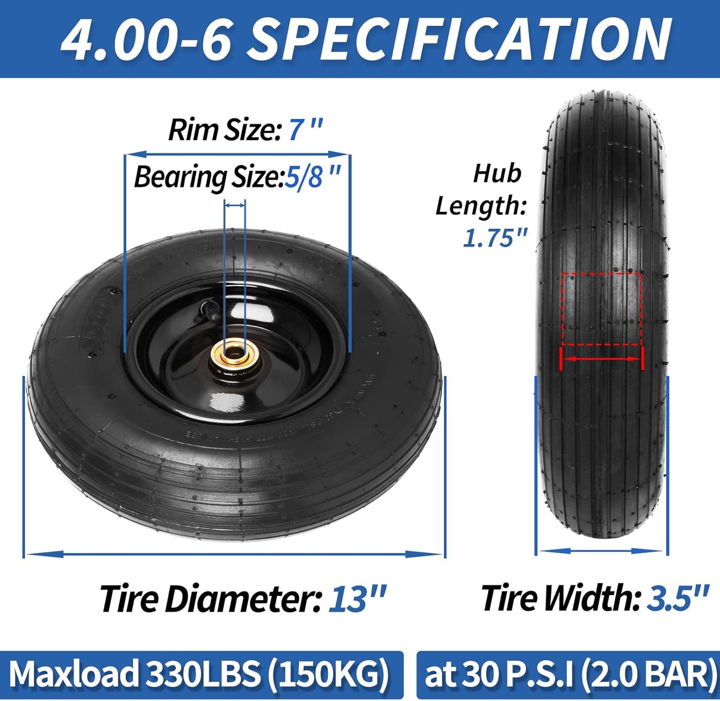 4.00-6 Tire and Wheel, 13" Wheelbarrow Pneumatic Tire, 5/8" & 3/4" Bearings, 1.75-6" Centered Hub,Sealed Bearings for Wheelbarrows Trolley Dolly Garden Wagon Cart Wheel Replacement