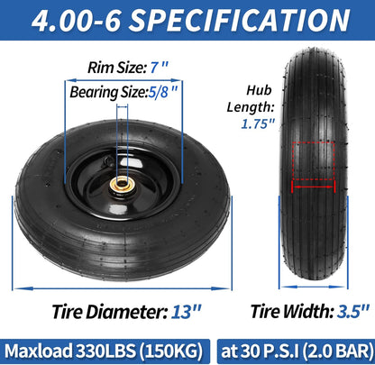 4.00-6 Tire and Wheel, 13" Wheelbarrow Pneumatic Tire, 5/8" & 3/4" Bearings, 1.75-6" Centered Hub,Sealed Bearings for Wheelbarrows Trolley Dolly Garden Wagon Cart Wheel Replacement