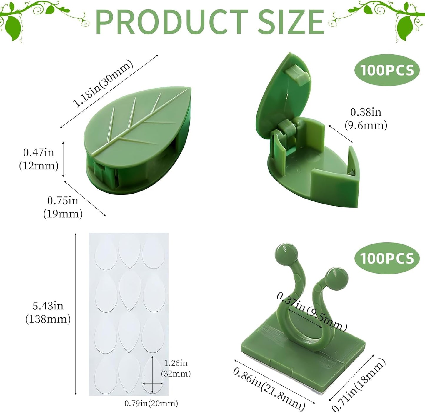 200 PCS Plant Climbing Wall Fixture Clips, Strong Self-Adhesive Plant Climbing Wall Fixture Clips Invisible Plant Vine Wall Clips for Indoor Outdoor Garden Green Leaf Decoration Wire Fixing