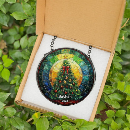Personalized Stained Glass Christmas Tree Suncatcher, Christmas Handcraft Holiday Ornament with Name and Number, Gift for Family or Friend, Gift for Décor