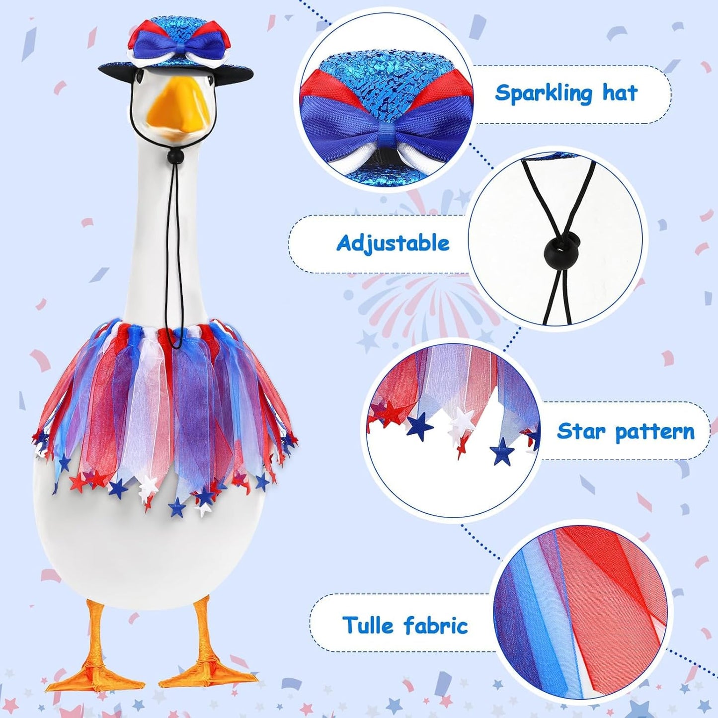 Independence Day Goose Outfit, 2 Pcs Set Hat and Tulle Ballet Skirt for 23" 17" Cement Statue Lawn Goose Clothes Costumes 4th of July Goose Outfit for Party Outdoor Patio Yard Lawn Decor