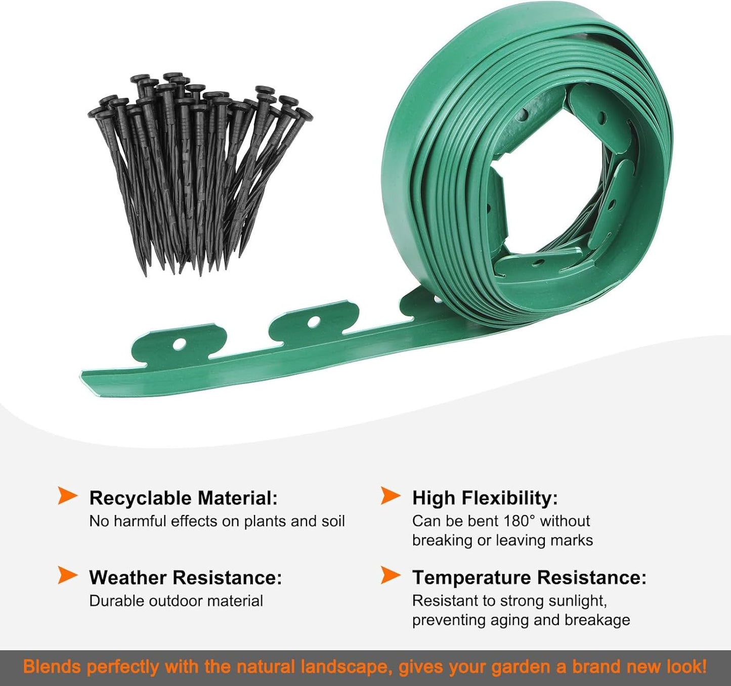 Garden Edging - 20 Feet Plastic Landscaping Edging Border with 18 PCS Spikes Apply to Flower Beds/Grass Lawn/Yard (20FT x 1.57IN, Green)