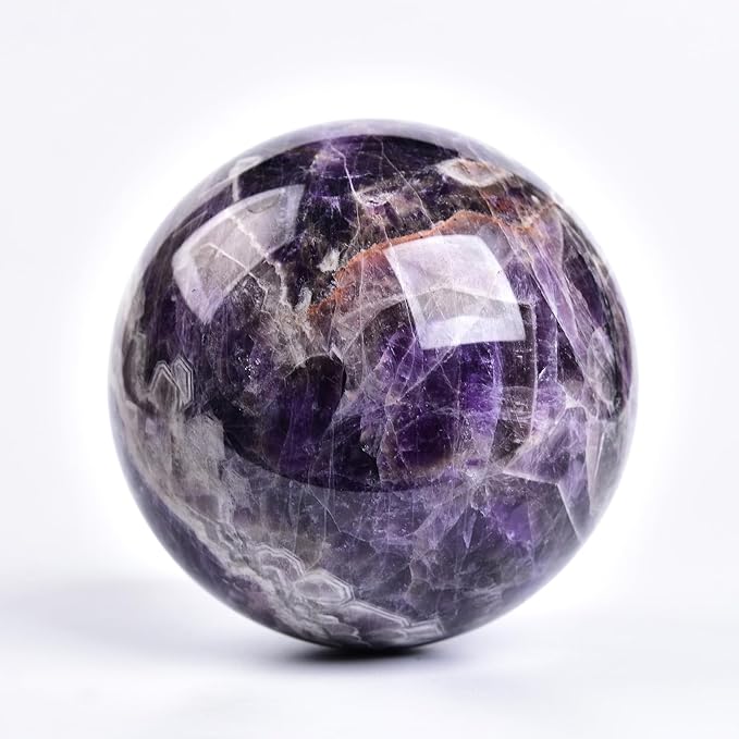JIC Gem Large Crystal Ball Chevron Amethyst Healing Crystals Sphere with Wooden Stand Meditation Home Decor 3.5-4 inch (90-100mm)
