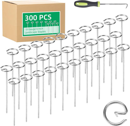 300 Pack 6 Inch Landscape Staples, Thickened 8 Gauge Circle Top Garden Stakes Heavy Duty Galvanized Landscape Fabric Pins for Securing Weed Barrier, Turf, Lawn, Fence, Tent