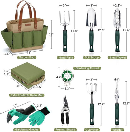 Garden Tool Tote Solid Bag with 11 Piece Hand Tools,Best Gardening Gift Set Organizer with Vegetable Garden Tool Kit,Free Kneeler Pad,Digging Claw Gloves and All Necessary Gardening Accessories