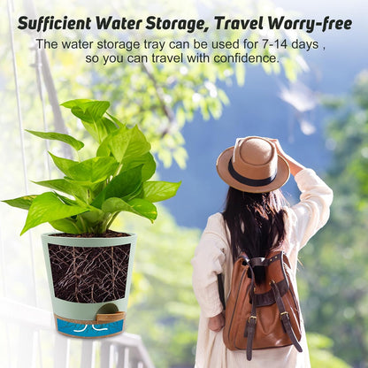 8-Inch Plant Pots, Self-Watering Planters with Drainage Holes & Saucers for Indoor and Outdoor Plants (2-Pack, Green)