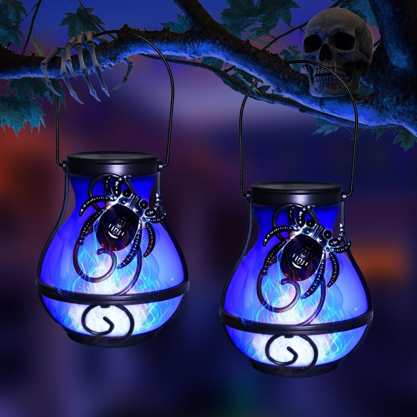 2 Pack Solar Halloween Hanging Lights Outdoor,Solar Spider Flickering Flame Lantern for Garden Yard Patio Halloween Party Decoration