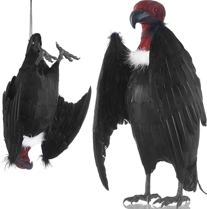 Tenceur 1 Piece Faux Vulture Effigy 18'' Large Fake Vulture Decoys Simulated Full Feathered Realistic Bird Black Hanging Faux Bird Scarecrow for Yard Roofs Trees Garden