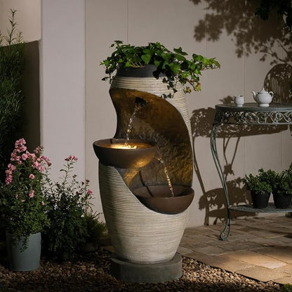 27.95''H Outdoor Garden Water Fountain, 2-Tier Bowl Shaped Floor - Standing Waterfall Fountain Indoor with LED Lights for Yard, Garden, Patio,Backyard & Home Decor