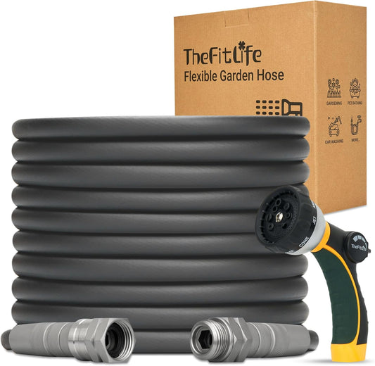 TheFitLife Garden Hose 100 FT - 100FT Water Hose with Nozzle and Metal Fittings, High Pressure 100 Feet x 1/2" Outdoor Hose for Reel Cart, Sprinkler, Easy Storage, Leak Proof (100FT)