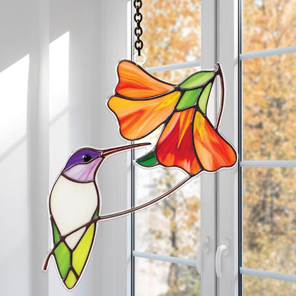 Hummingbird Hibiscus Acrylic Suncatchers, Bird and Flower Sun Catcher Indoor Window Hanging, Handmade Floral Art Decor, Birthday Gift for Mom Nature Lovers Bird Lovers Women Friend
