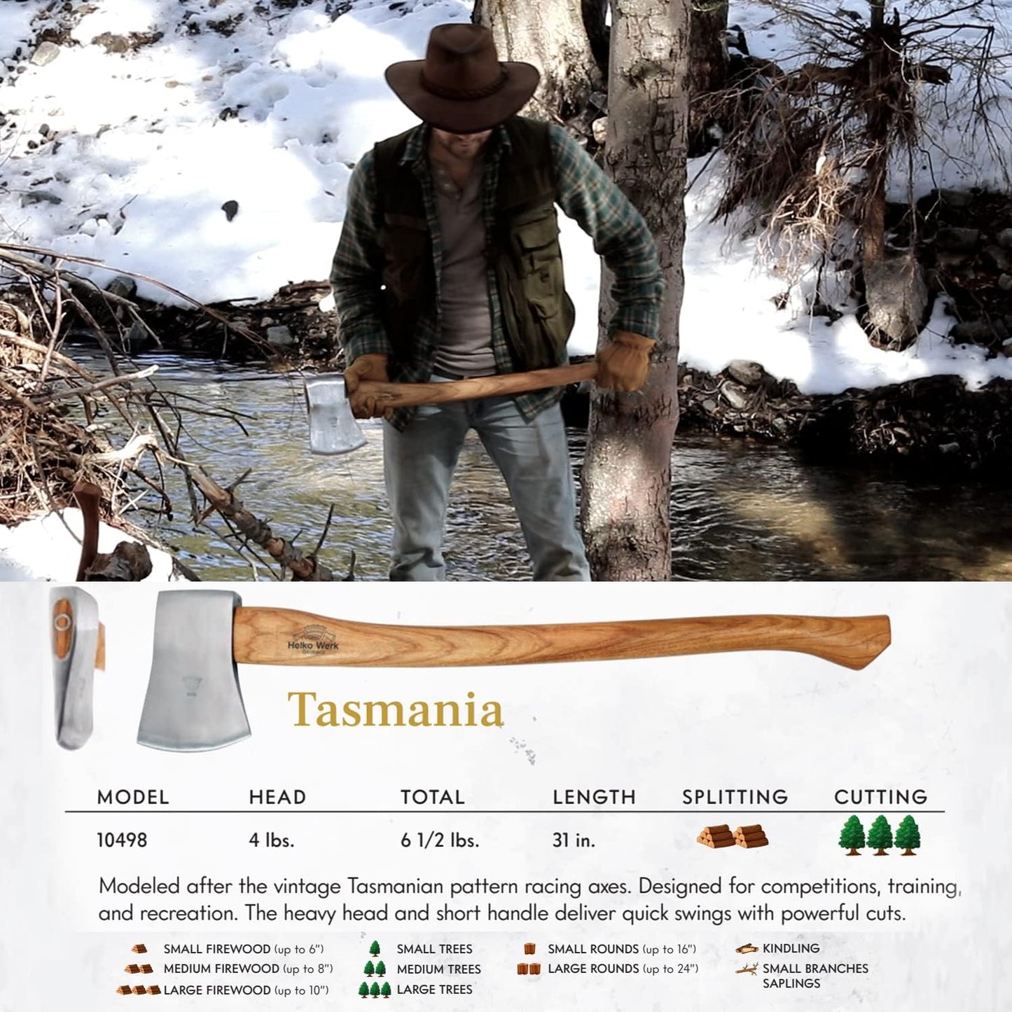 1844 Helko Werk Germany Classic Tasmania Competition Axe - Made in Germany Timber Sporting, Wood Chopping, Racing for Timber Sport - Head 4lbs, Handle 31in (Tasmania) #10498