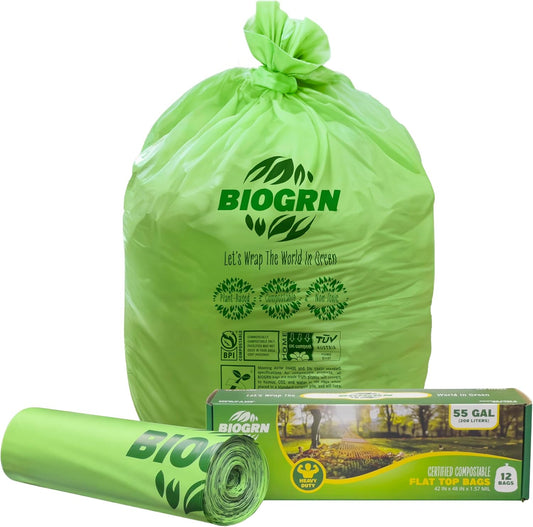 50-55 Gallon Compostable Trash Bags Flat-Top 12 Bags Heavy Duty 1.57 Mil 208.2 Liter Large Lawn and