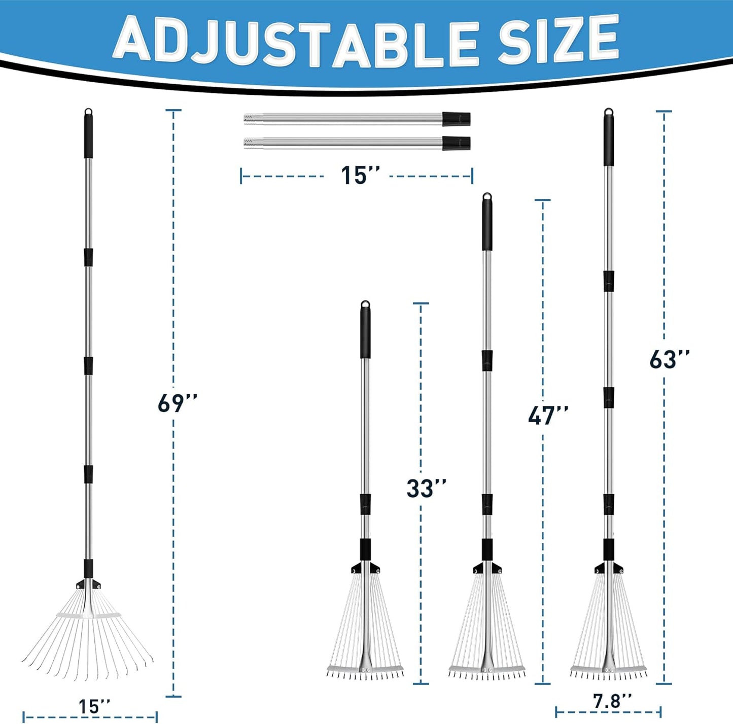 Garden Rake for Leaves, Heavy Duty Metal Adjustable Leaf Rake for Lawns, Length 37"-68", Adjustable Expandable Head 8"-15", Garden Tools for Lawn Garden Yard Flowers Beds Bush
