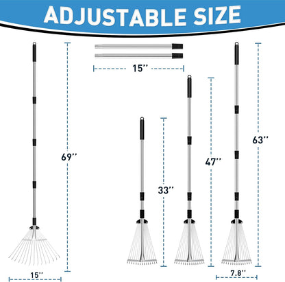 Garden Rake for Leaves, Heavy Duty Metal Adjustable Leaf Rake for Lawns, Length 37"-68", Adjustable Expandable Head 8"-15", Garden Tools for Lawn Garden Yard Flowers Beds Bush
