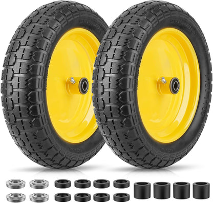 TICONN 4.80/4.00-8 Tire, 14.5" Flat Free Wheelbarrow Tire and Wheel, Solid Replacement Tires, 5/8" 3/4" Bearings, Universal Fit 4.80/4.00-8, 3.50/3.00-8, 4.00-6 (14.5" Yellow, 2PK)